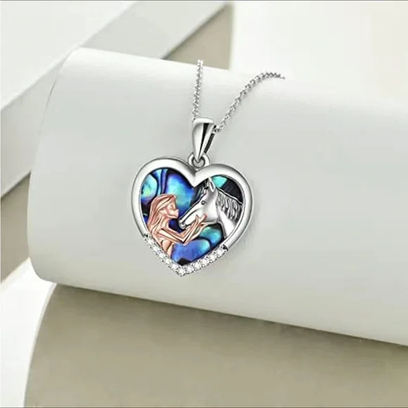 Girl and Horse Heart Shaped Pendent With Chain Silver Tone - Picture 2 of 8